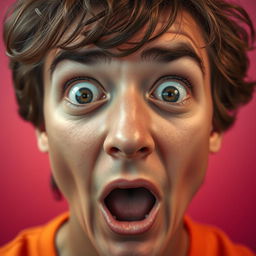 A close-up of a person's shocked and surprised face, wide eyes, raised eyebrows, mouth open in an expression of disbelief