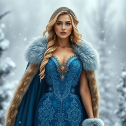 A stunning Russian woman aged 35 to 45 years, depicted in full length, dressed in a sexy blue Snow Maiden costume