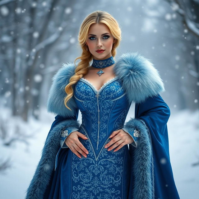 A stunning Russian woman aged 35 to 45 years, depicted in full length, dressed in a sexy blue Snow Maiden costume