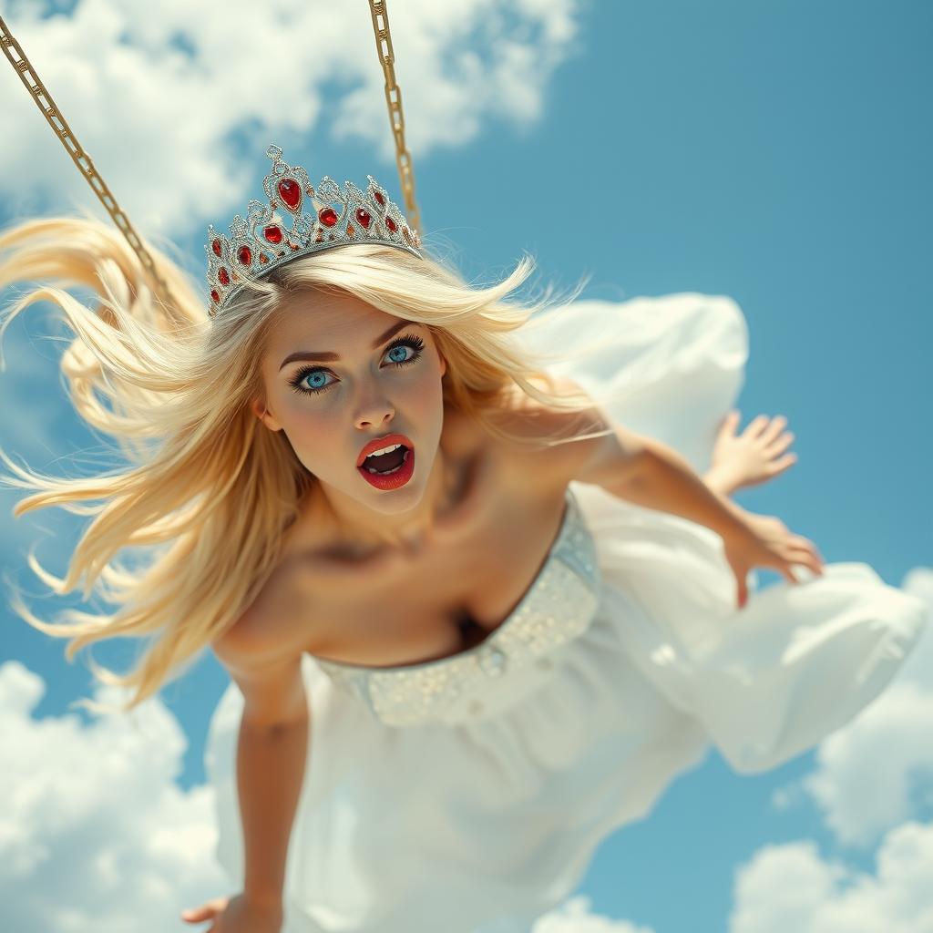 A sexy blonde princess wearing an elegant tiara, with striking blue eyes and luscious red lips, descending dramatically from the sky