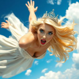 A sexy blonde princess wearing an elegant tiara, with striking blue eyes and luscious red lips, descending dramatically from the sky