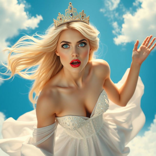 A sexy blonde princess wearing an elegant tiara, with striking blue eyes and luscious red lips, descending dramatically from the sky