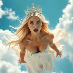 A sexy blonde princess wearing an elegant tiara, with striking blue eyes and luscious red lips, descending dramatically from the sky
