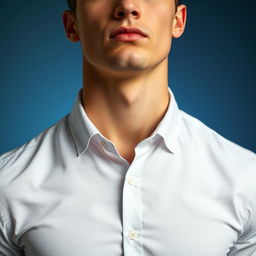 A detailed portrait of a stylish young man wearing a perfectly fitted shirt that complements his physique, enhancing his neck and shoulders to showcase proportionality