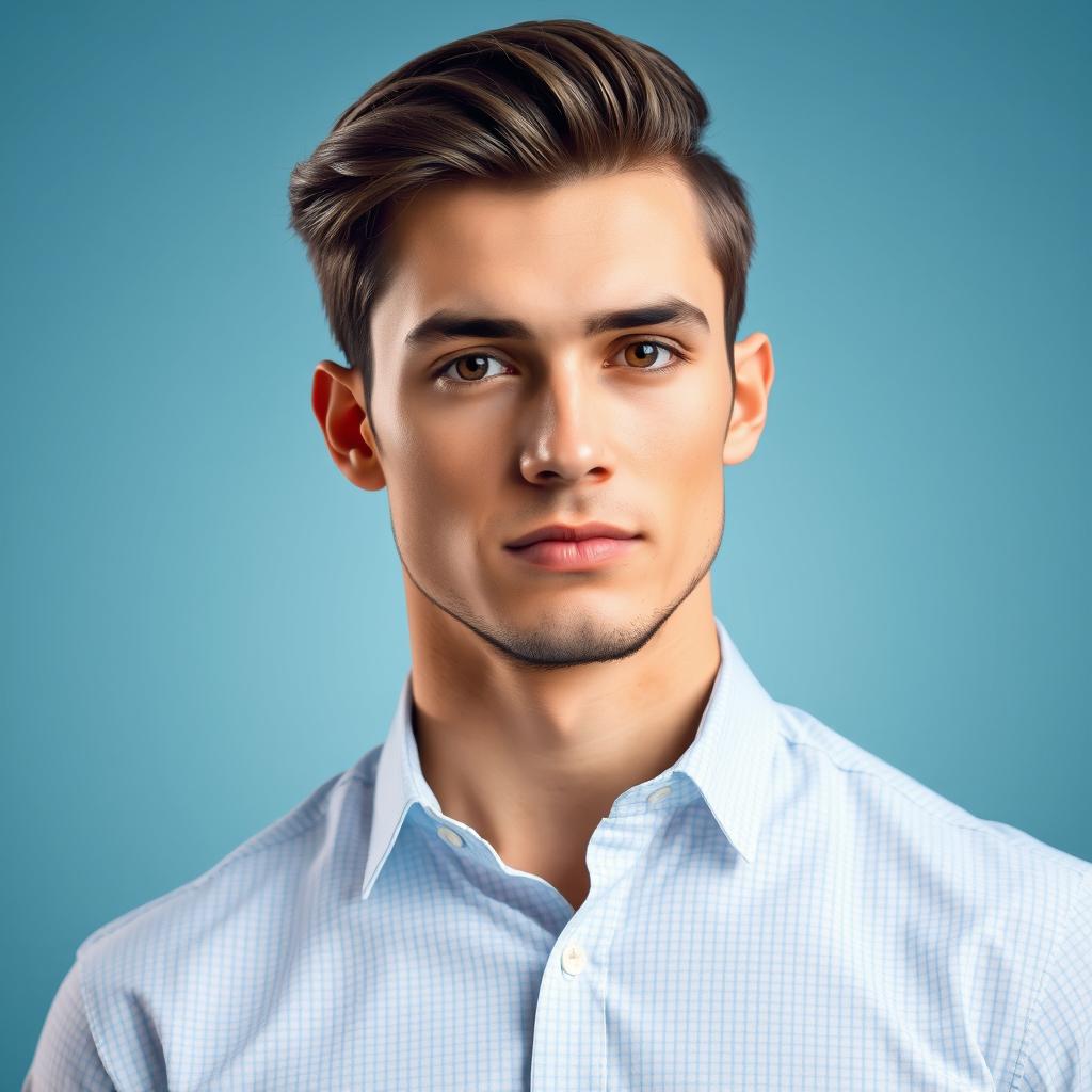 A detailed portrait of a stylish young man wearing a perfectly fitted shirt that complements his physique, enhancing his neck and shoulders to showcase proportionality