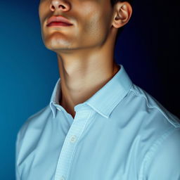 A detailed portrait of a stylish young man wearing a perfectly fitted shirt that complements his physique, enhancing his neck and shoulders to showcase proportionality