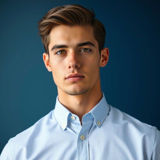 A detailed portrait of a stylish young man wearing a perfectly fitted shirt that complements his physique, enhancing his neck and shoulders to showcase proportionality