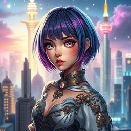 A stunning girl with short hair glowing in vibrant colors and shiny, expressive eyes, inspired by the Arcane aesthetic