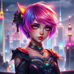 A stunning girl with short hair glowing in vibrant colors and shiny, expressive eyes, inspired by the Arcane aesthetic