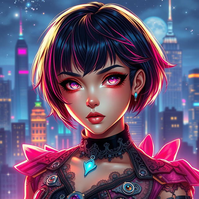 A stunning girl with short hair glowing in vibrant colors and shiny, expressive eyes, inspired by the Arcane aesthetic