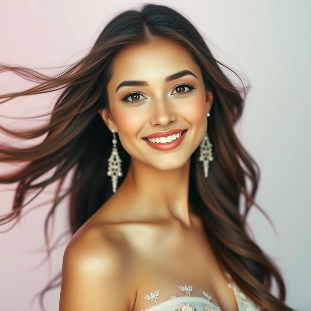 A stunning portrait of a beautiful woman with flowing long hair, showcasing her captivating smile and sparkling eyes