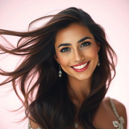 A stunning portrait of a beautiful woman with flowing long hair, showcasing her captivating smile and sparkling eyes