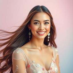 A stunning portrait of a beautiful woman with flowing long hair, showcasing her captivating smile and sparkling eyes