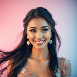 A stunning portrait of a beautiful woman with flowing long hair, showcasing her captivating smile and sparkling eyes