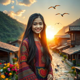 A beautiful Nepali girl standing gracefully in a picturesque village surrounded by lush green hills, traditional wooden houses, and colorful flowers