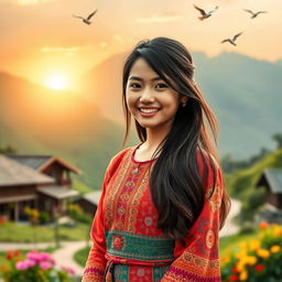 A beautiful Nepali girl standing gracefully in a picturesque village surrounded by lush green hills, traditional wooden houses, and colorful flowers