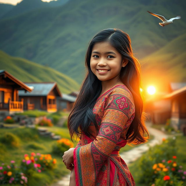 A beautiful Nepali girl standing gracefully in a picturesque village surrounded by lush green hills, traditional wooden houses, and colorful flowers