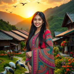 A beautiful Nepali girl standing gracefully in a picturesque village surrounded by lush green hills, traditional wooden houses, and colorful flowers