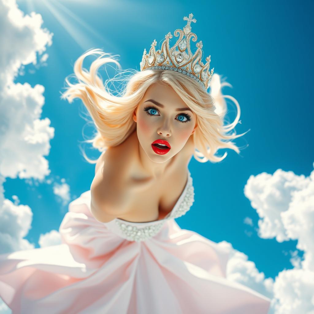 A sexy blonde princess with a sparkling tiara, bright blue eyes, and luscious red lips, is dramatically falling from the sky