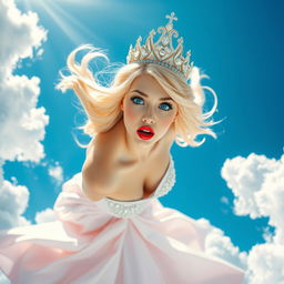 A sexy blonde princess with a sparkling tiara, bright blue eyes, and luscious red lips, is dramatically falling from the sky