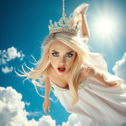 A sexy blonde princess with a sparkling tiara, bright blue eyes, and luscious red lips, is dramatically falling from the sky