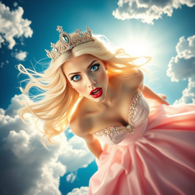 A sexy blonde princess with a sparkling tiara, bright blue eyes, and luscious red lips, is dramatically falling from the sky