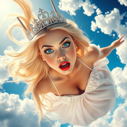 A sexy blonde princess with a sparkling tiara, bright blue eyes, and luscious red lips, is dramatically falling from the sky