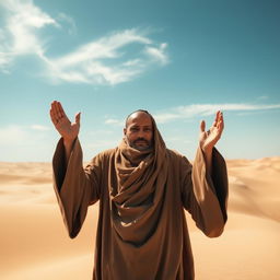 A desert monk in a serene pose looking directly into the camera, with his arms raised in a prayerful gesture