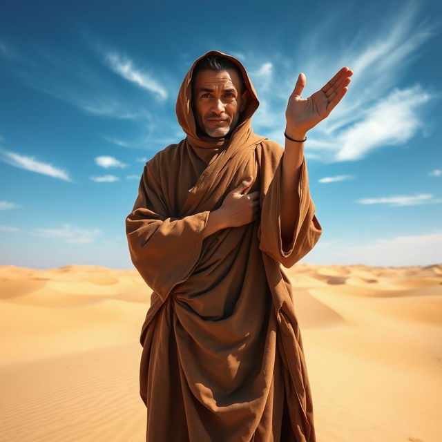 A desert monk in a serene pose looking directly into the camera, with his arms raised in a prayerful gesture