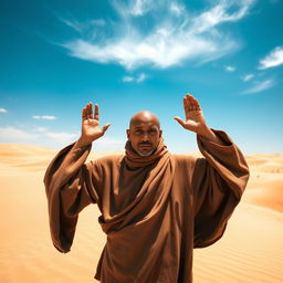 A desert monk in a serene pose looking directly into the camera, with his arms raised in a prayerful gesture