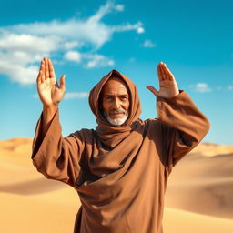 A desert monk in a serene pose looking directly into the camera, with his arms raised in a prayerful gesture