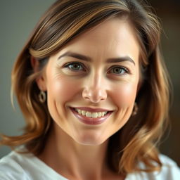 A portrait of an average 28-year-old woman, with a friendly and approachable expression