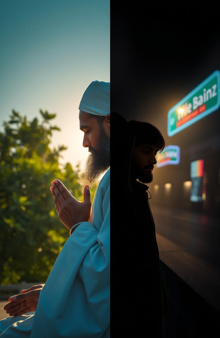 A duality portrait of a pious man during the day and a contrasting figure during the night