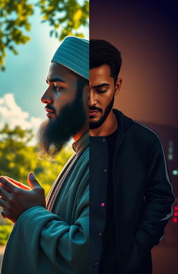 A duality portrait of a pious man during the day and a contrasting figure during the night