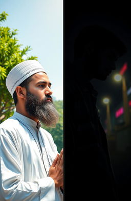 A duality portrait of a pious man during the day and a contrasting figure during the night