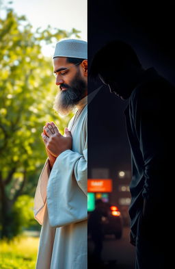 A duality portrait of a pious man during the day and a contrasting figure during the night