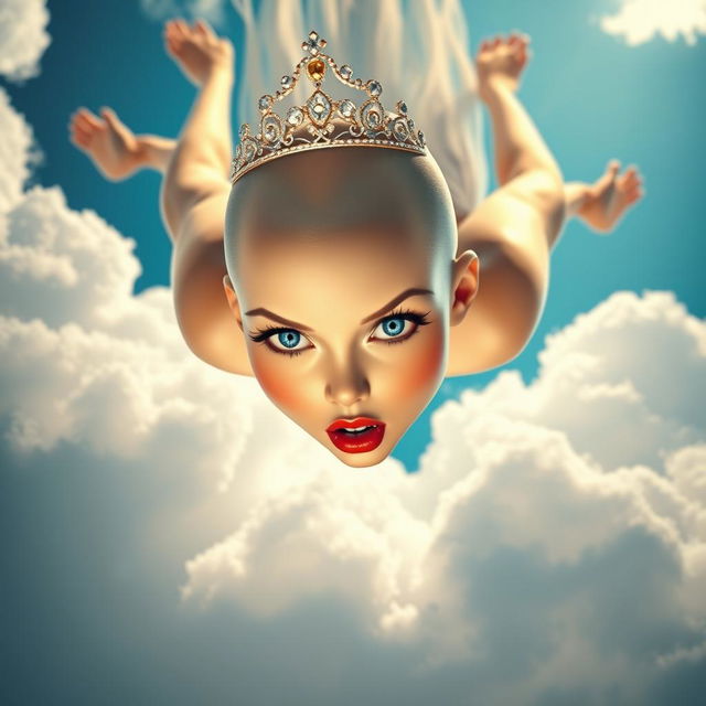 A sexy bald princess with sparkling blue eyes and bright red lips, gracefully falling from the sky