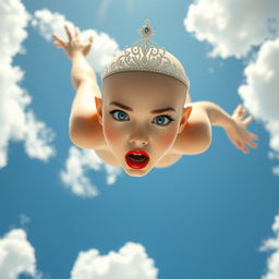 A sexy bald princess with sparkling blue eyes and bright red lips, gracefully falling from the sky