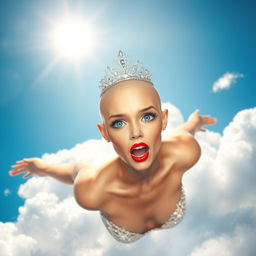 A sexy bald princess with sparkling blue eyes and bright red lips, gracefully falling from the sky