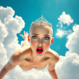 A sexy bald princess with sparkling blue eyes and bright red lips, gracefully falling from the sky