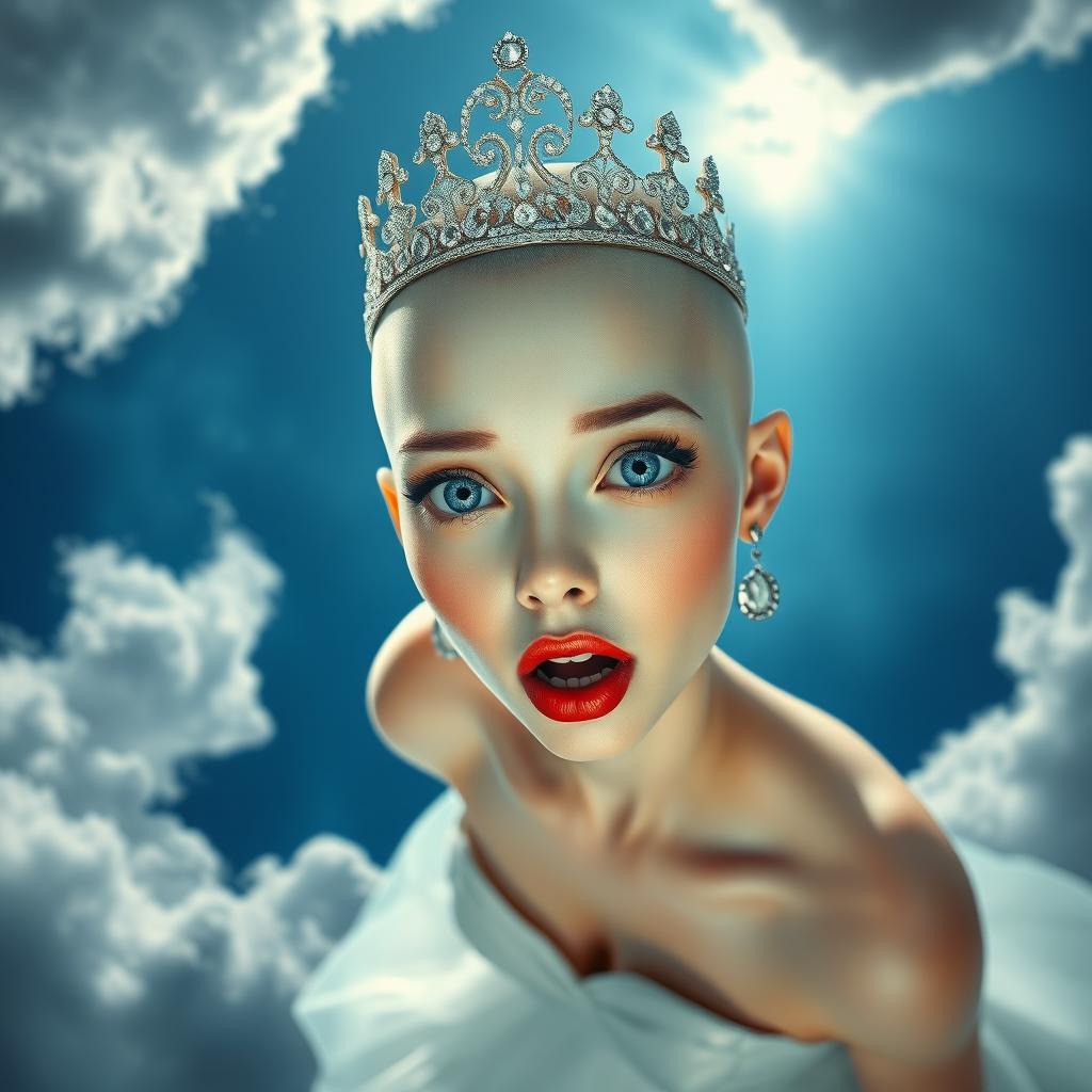 A stunning bald princess wearing a sparkling tiara, with vivid blue eyes and bright red lips, descending gracefully from a cloudy sky