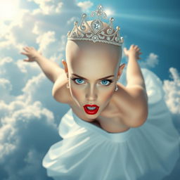 A stunning bald princess wearing a sparkling tiara, with vivid blue eyes and bright red lips, descending gracefully from a cloudy sky