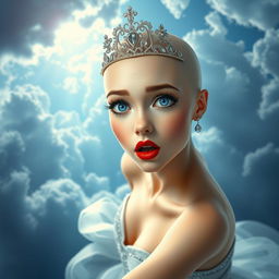 A stunning bald princess wearing a sparkling tiara, with vivid blue eyes and bright red lips, descending gracefully from a cloudy sky