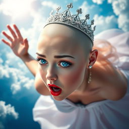 A stunning bald princess wearing a sparkling tiara, with vivid blue eyes and bright red lips, descending gracefully from a cloudy sky