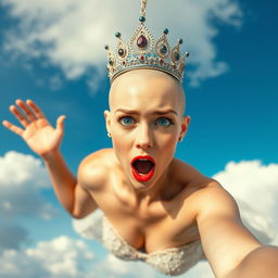 A sexy bald princess wearing an ornate tiara, with striking blue eyes and vibrant red lips, is dramatically falling from the sky