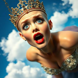 A sexy bald princess wearing an ornate tiara, with striking blue eyes and vibrant red lips, is dramatically falling from the sky