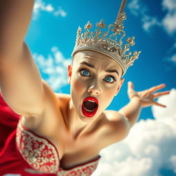A sexy bald princess wearing an ornate tiara, with striking blue eyes and vibrant red lips, is dramatically falling from the sky