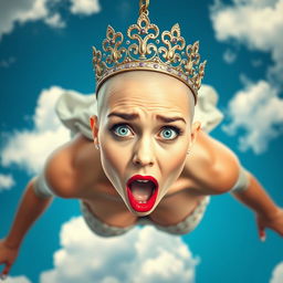 A sexy bald princess wearing an ornate tiara, with striking blue eyes and vibrant red lips, is dramatically falling from the sky