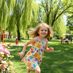 A joyful six-year-old girl playing in a sunlit park, surrounded by blooming flowers and tall green trees