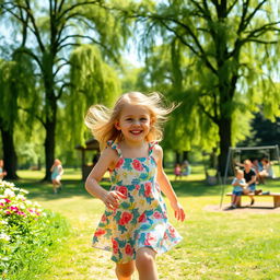 A joyful six-year-old girl playing in a sunlit park, surrounded by blooming flowers and tall green trees